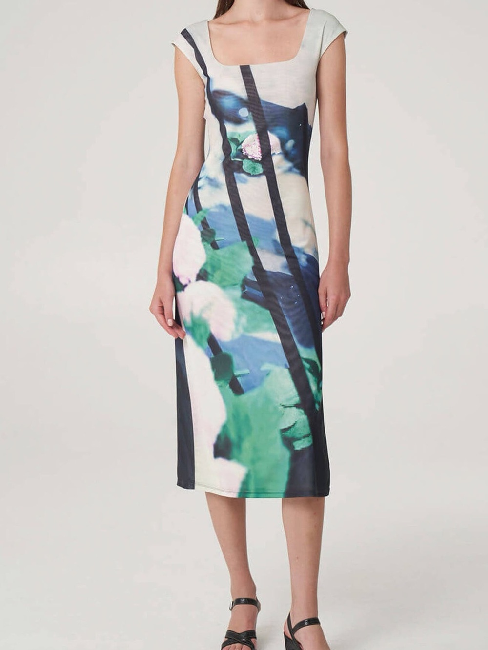 Find Me Now Paulie Midi Dress Abstract Mesh Floral Green Blue Square Neck S/XS